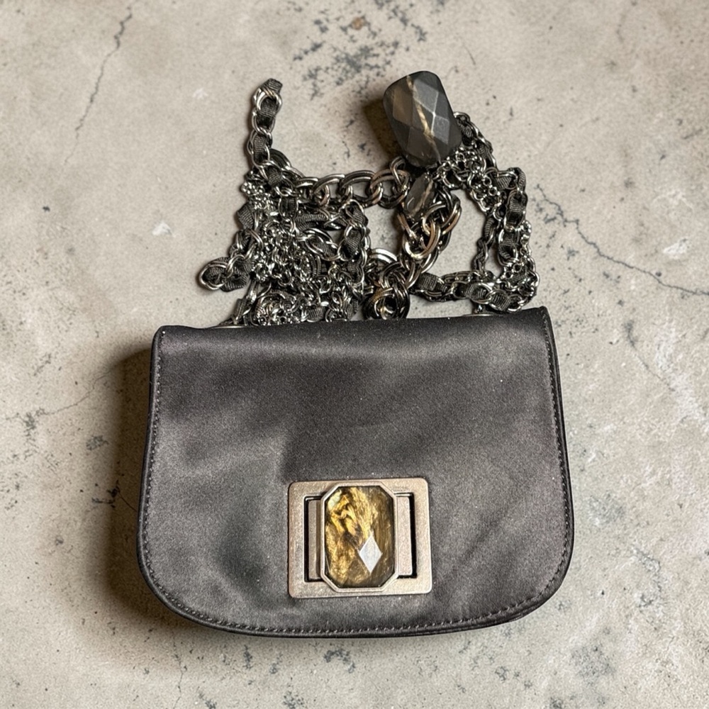 Banana Republic Satin Black Clutch with Chain Accent